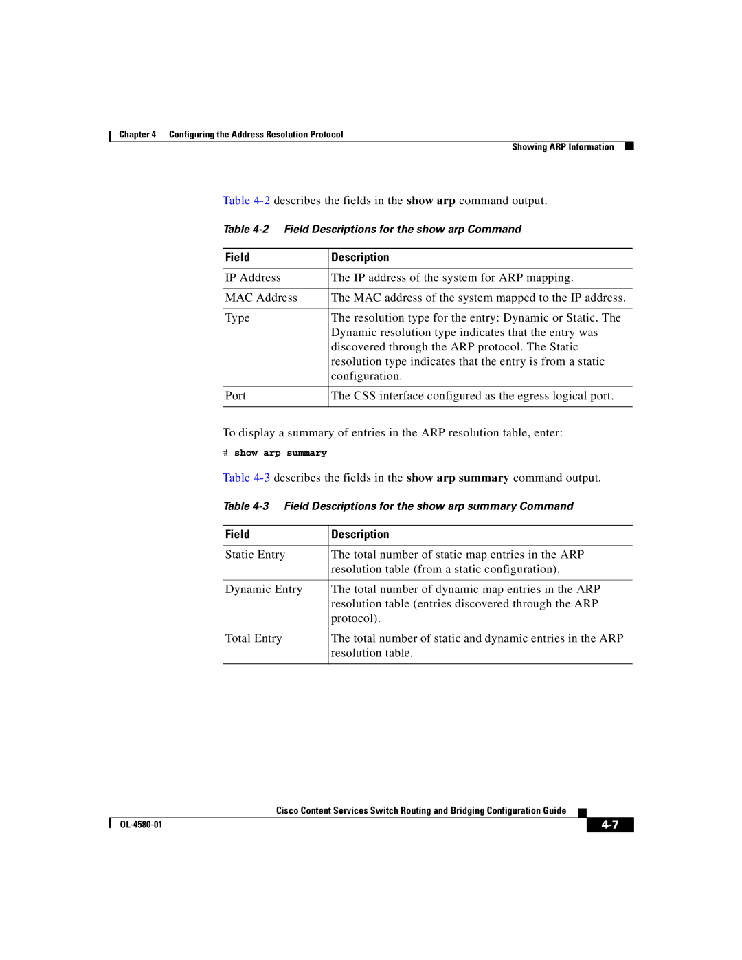 Cisco Systems OL-4580-01 manual 2describes the fields in the show arp command output, # show arp summary 