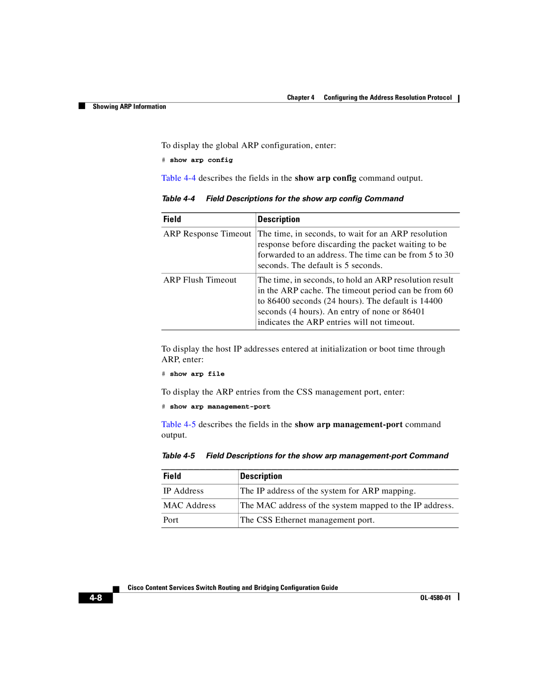 Cisco Systems OL-4580-01 manual To display the global ARP configuration, enter, # show arp config, # show arp file 