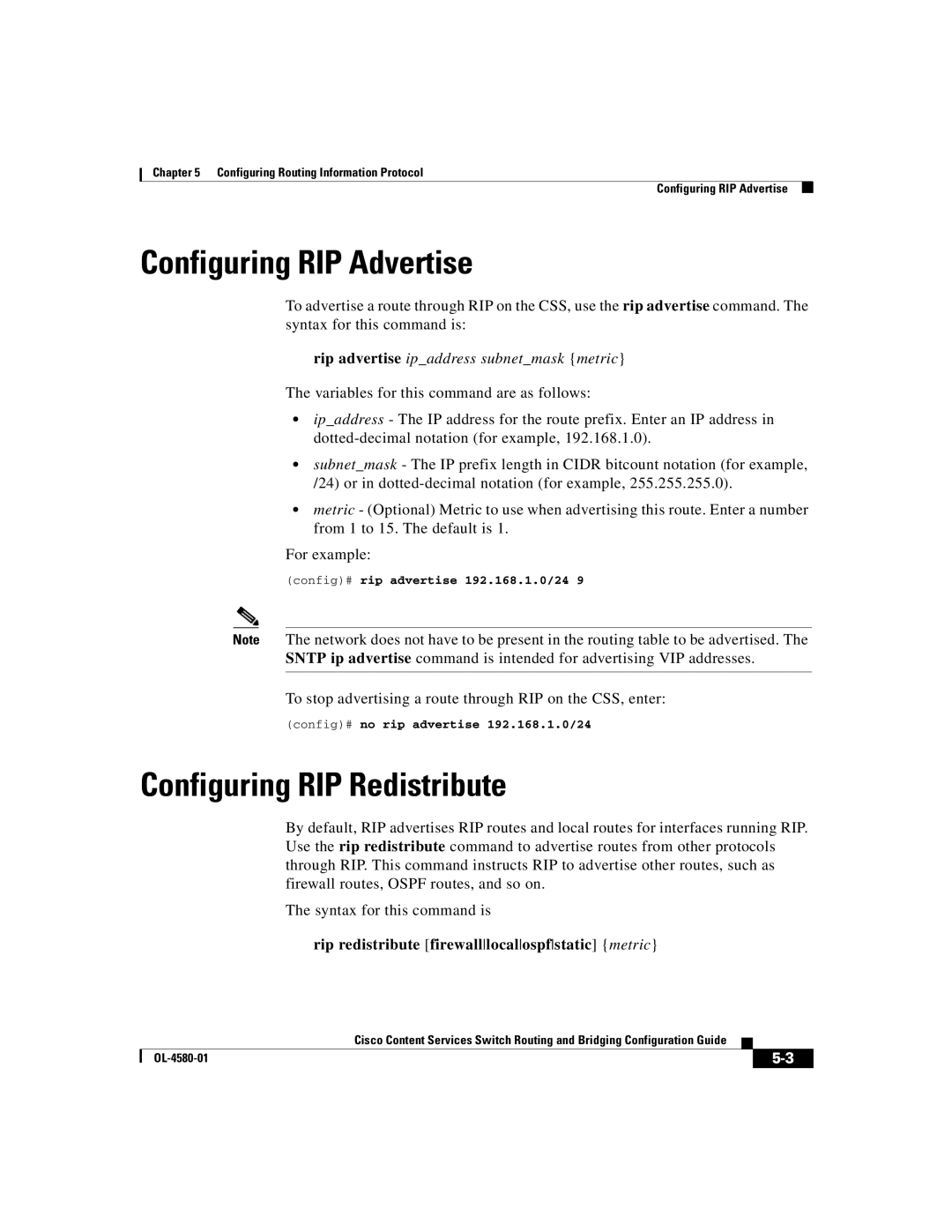 Cisco Systems OL-4580-01 Configuring RIP Advertise, Configuring RIP Redistribute, Config# no rip advertise 192.168.1.0/24 