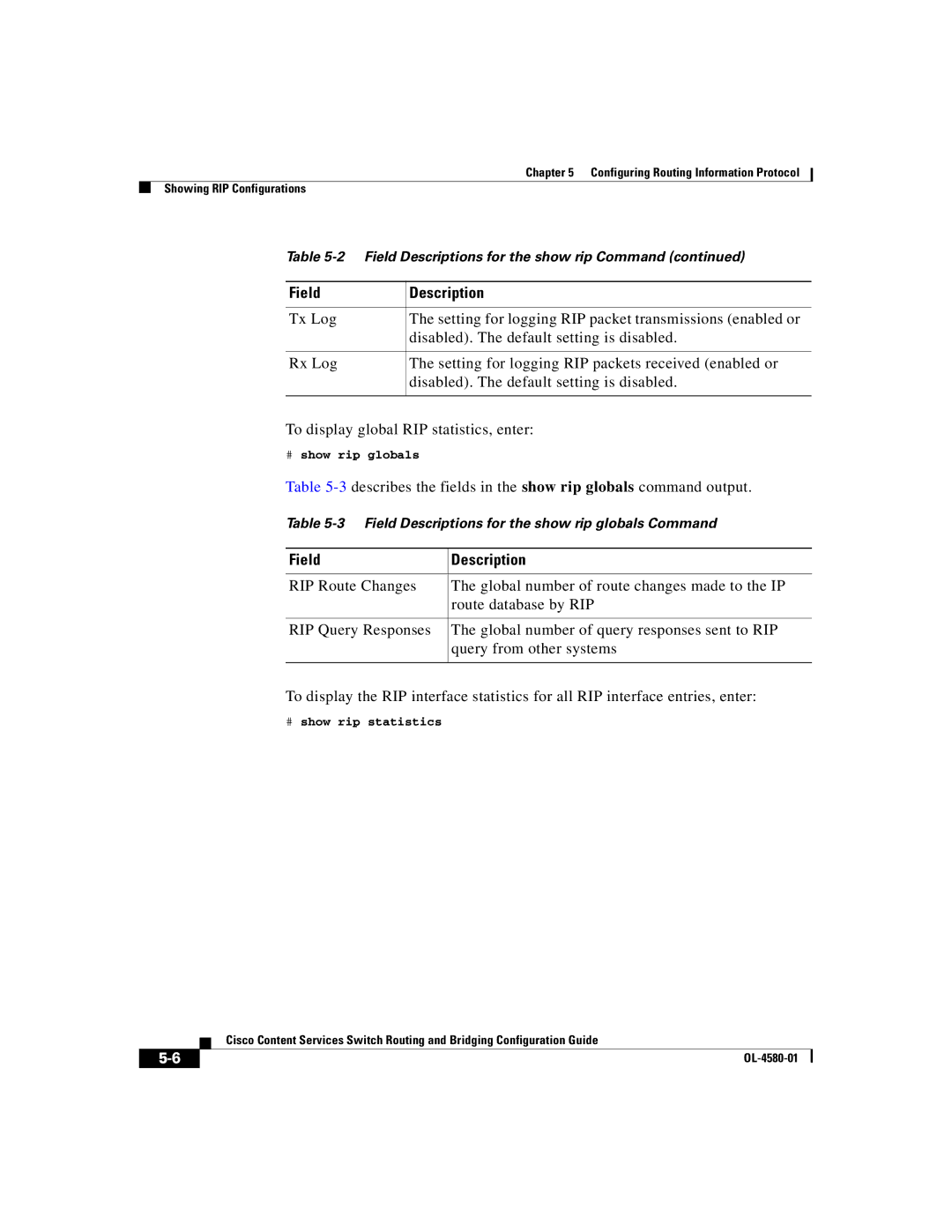 Cisco Systems OL-4580-01 manual 3describes the fields in the show rip globals command output 