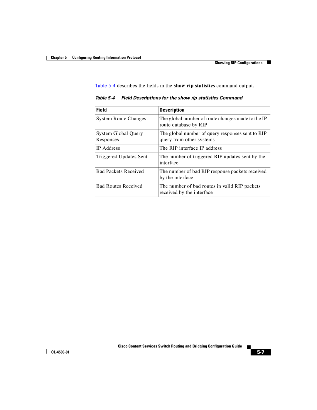 Cisco Systems OL-4580-01 manual Field Descriptions for the show rip statistics Command 