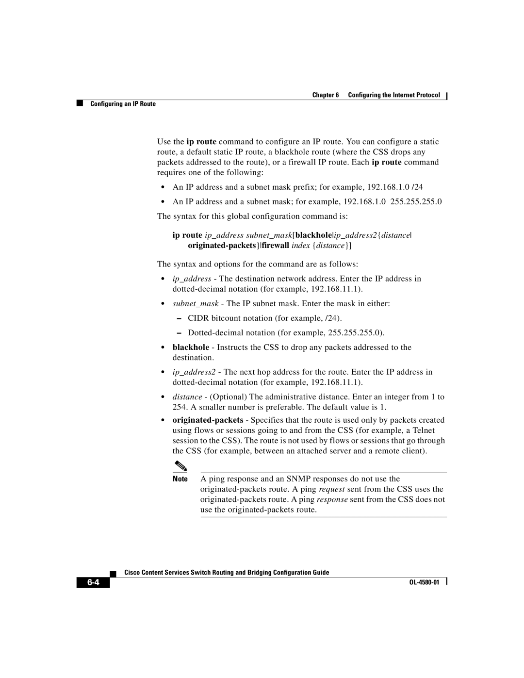 Cisco Systems OL-4580-01 manual Configuring the Internet Protocol Configuring an IP Route 