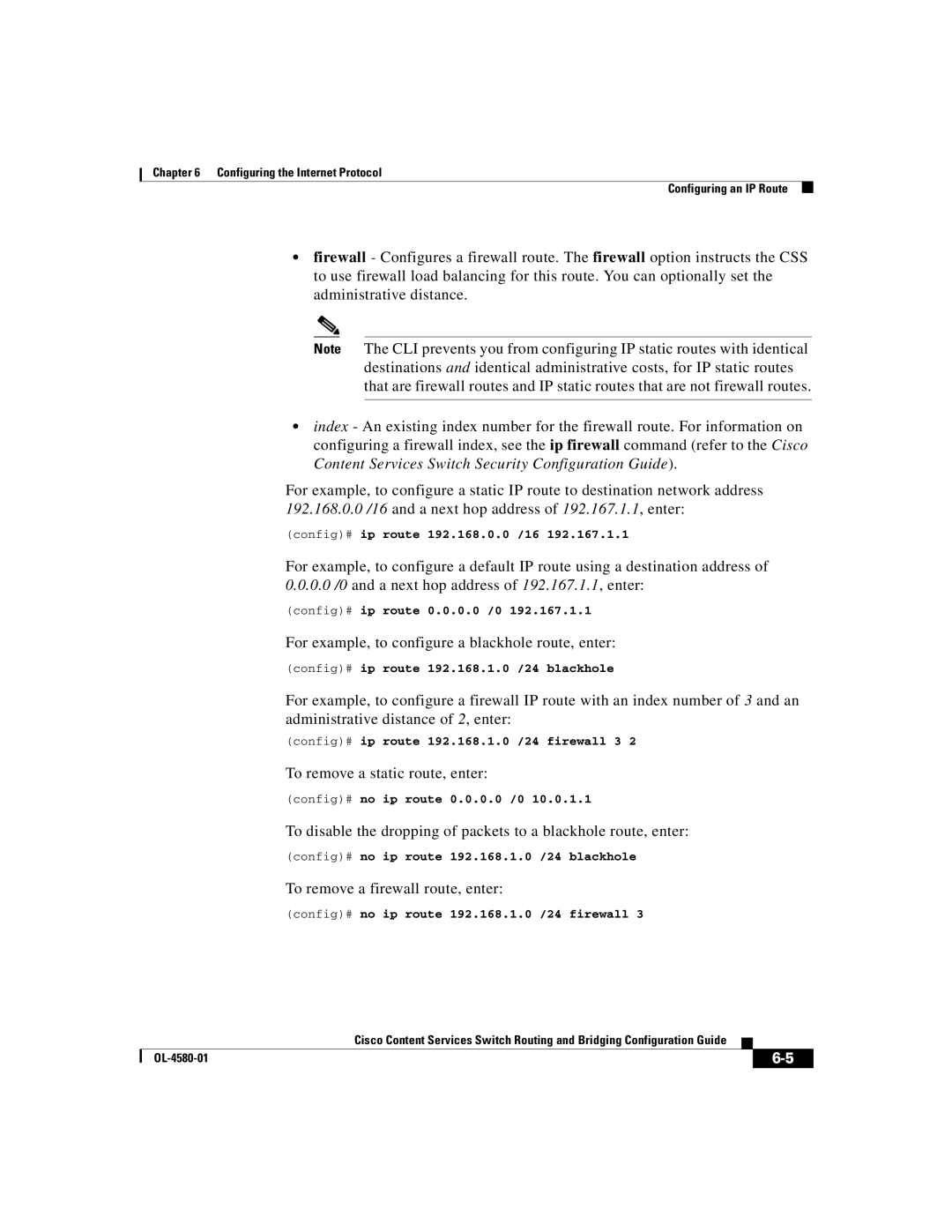 Cisco Systems OL-4580-01 manual For example, to configure a blackhole route, enter, To remove a static route, enter 