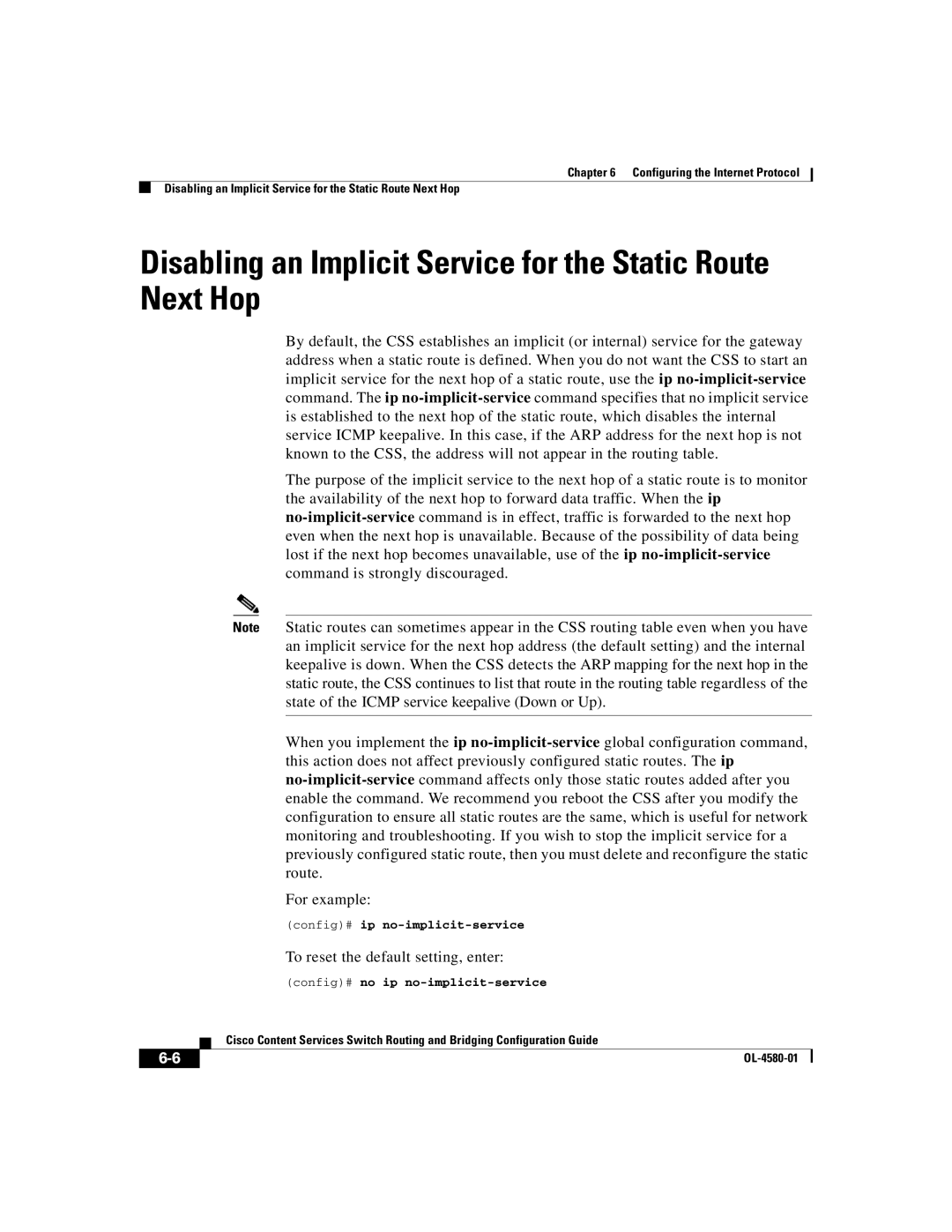 Cisco Systems OL-4580-01 Disabling an Implicit Service for the Static Route Next Hop, To reset the default setting, enter 