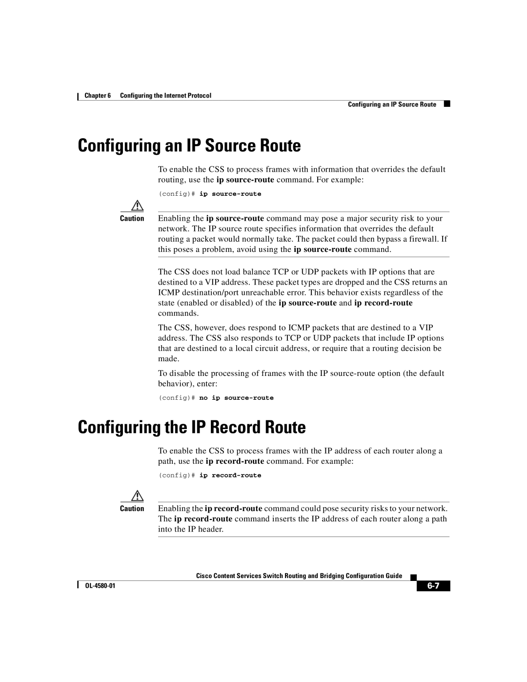 Cisco Systems OL-4580-01 manual Configuring an IP Source Route, Configuring the IP Record Route, Config# ip source-route 