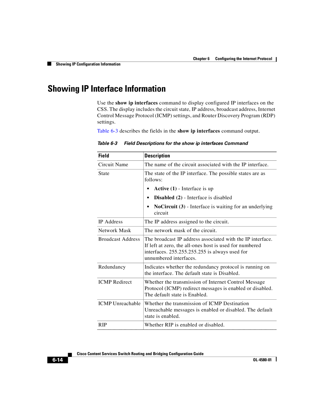 Cisco Systems OL-4580-01 manual Showing IP Interface Information, Whether RIP is enabled or disabled 