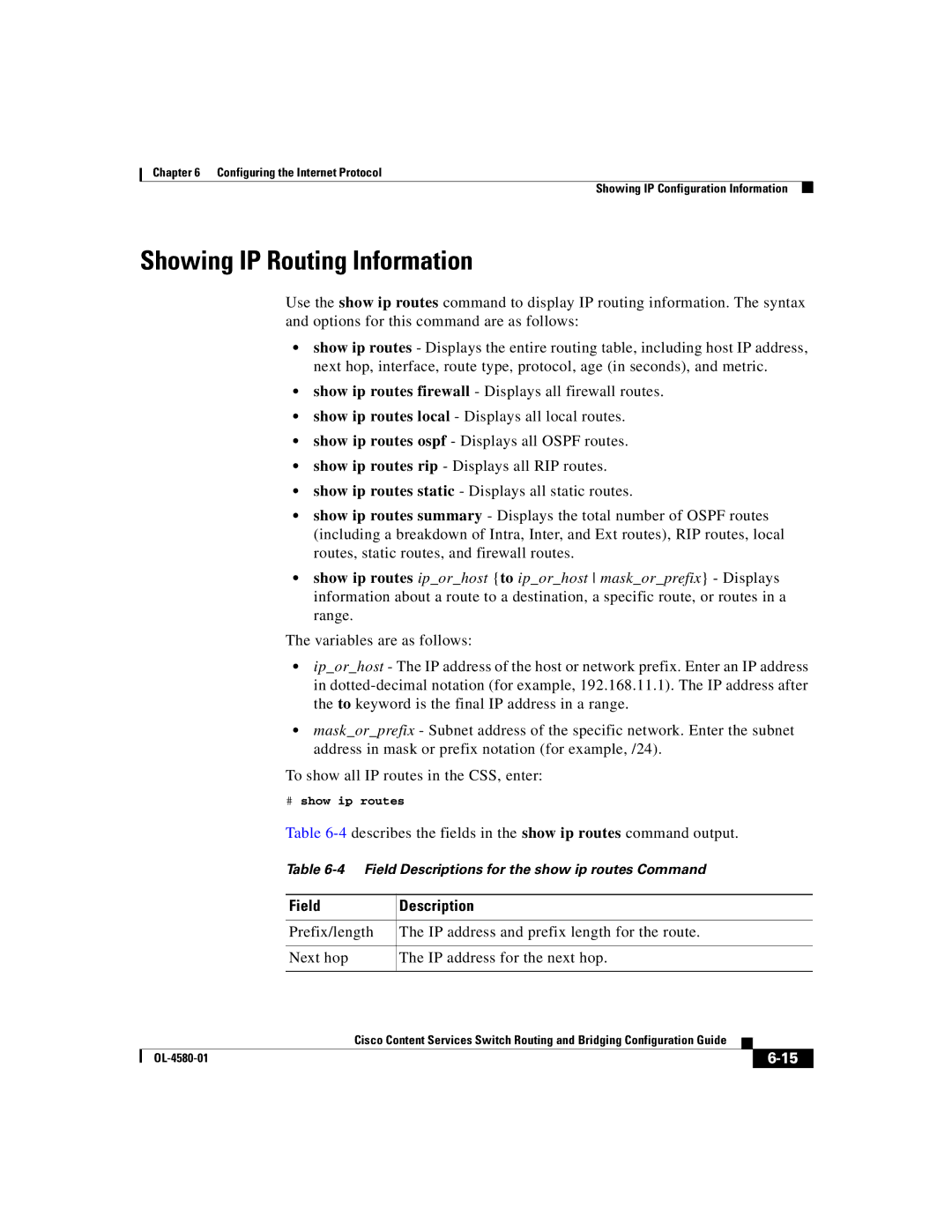 Cisco Systems OL-4580-01 manual Showing IP Routing Information, 4describes the fields in the show ip routes command output 