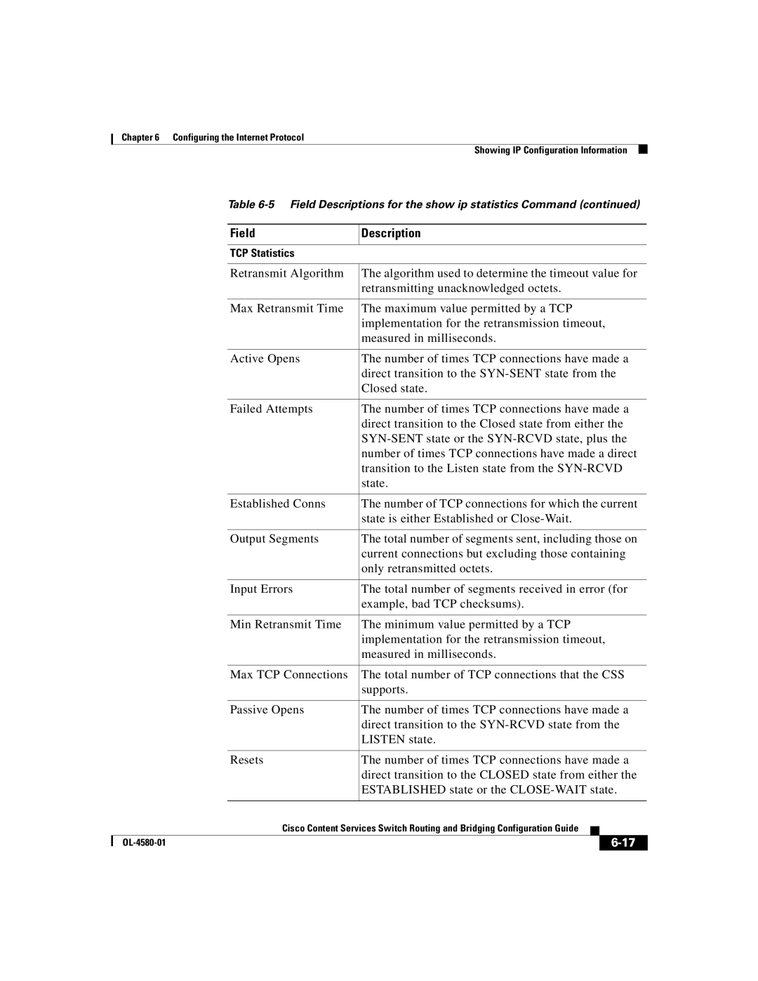 Cisco Systems OL-4580-01 manual TCP Statistics 