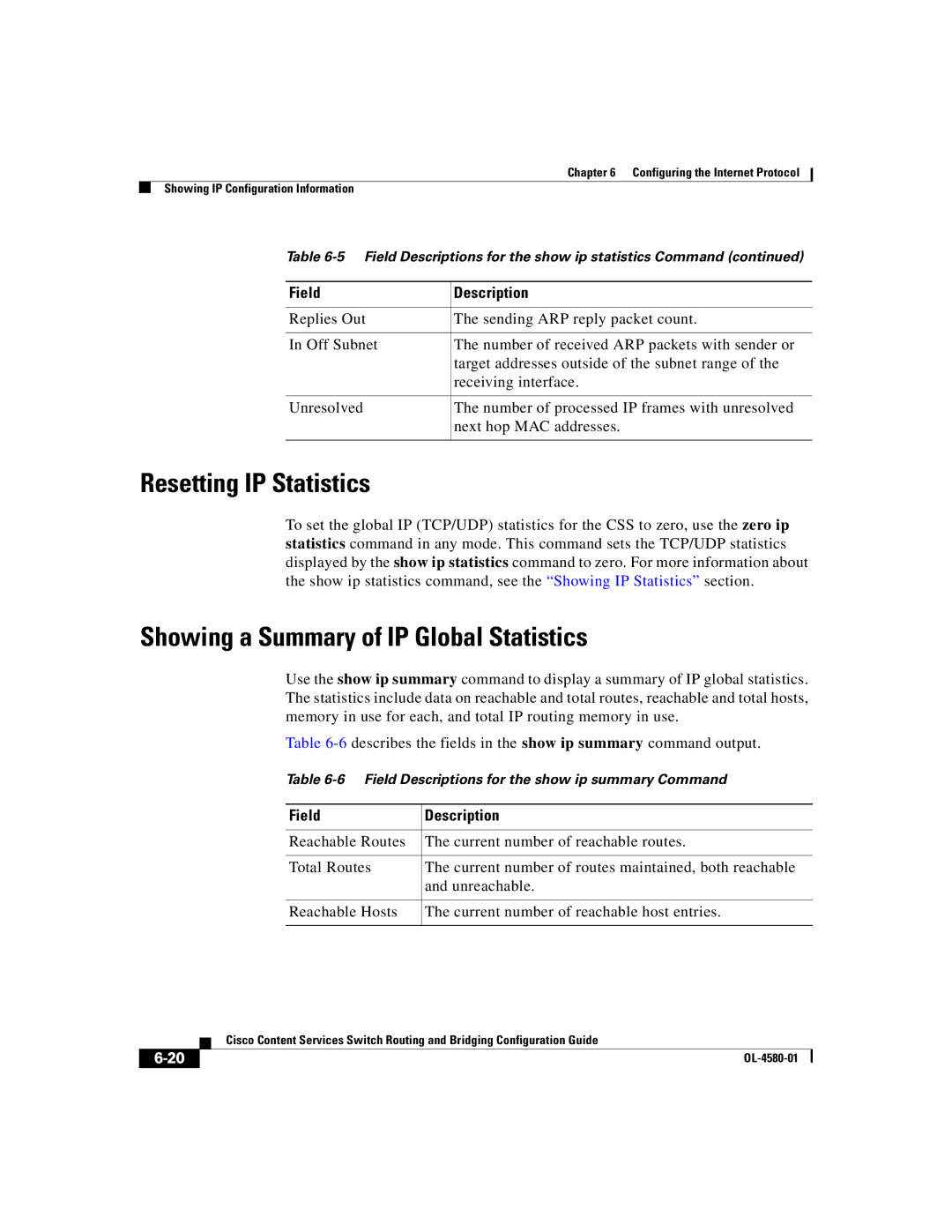 Cisco Systems OL-4580-01 manual Resetting IP Statistics, Showing a Summary of IP Global Statistics 