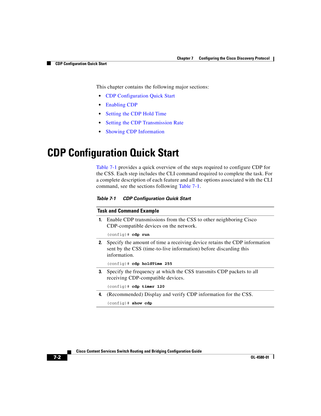 Cisco Systems OL-4580-01 manual CDP Configuration Quick Start, Recommended Display and verify CDP information for the CSS 