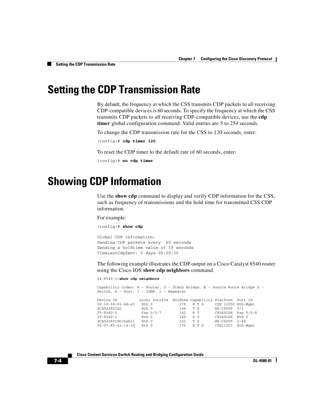 Cisco Systems OL-4580-01 manual Setting the CDP Transmission Rate, Showing CDP Information, Config# no cdp timer 