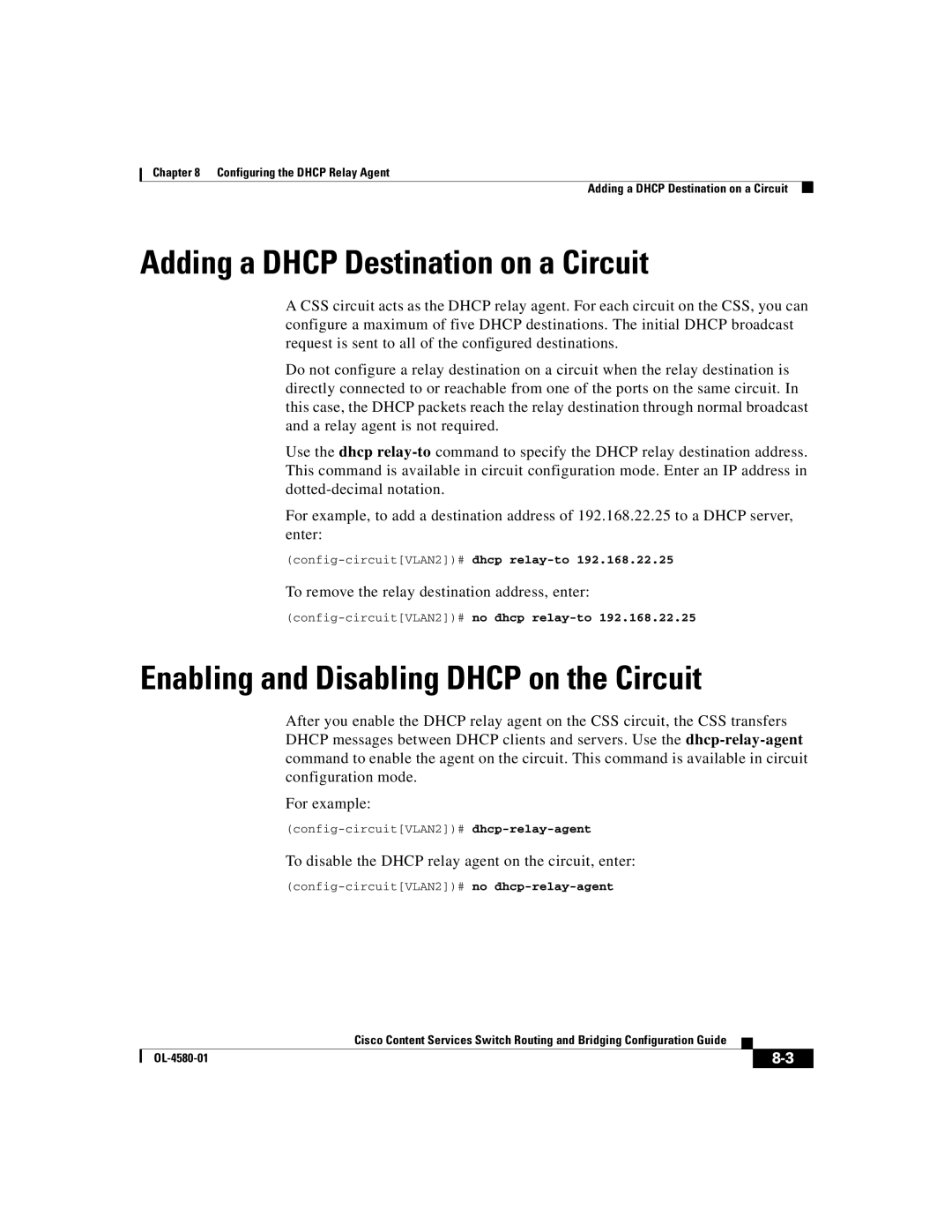 Cisco Systems OL-4580-01 manual Adding a Dhcp Destination on a Circuit, Enabling and Disabling Dhcp on the Circuit 