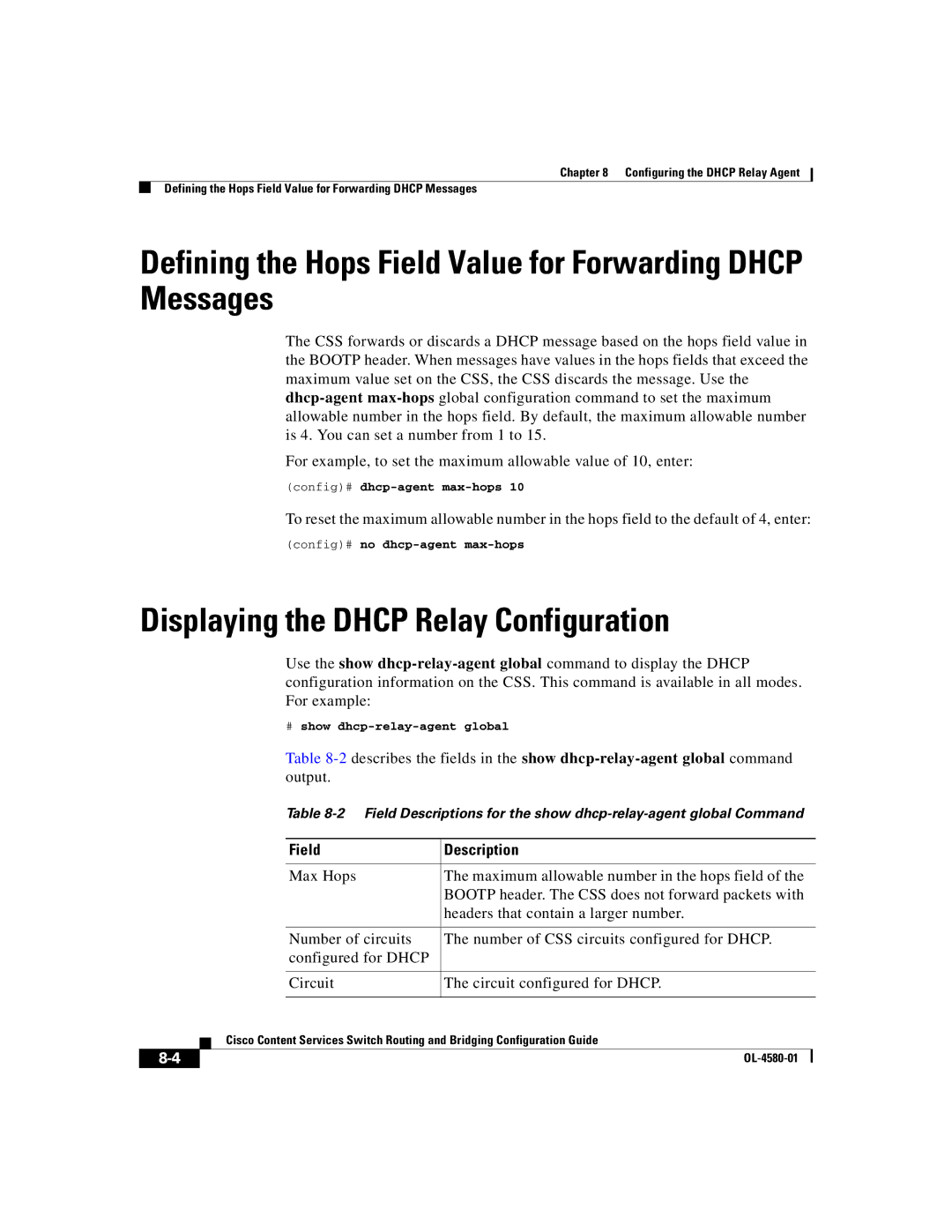 Cisco Systems OL-4580-01 manual Defining the Hops Field Value for Forwarding Dhcp Messages, Config# no dhcp-agent max-hops 