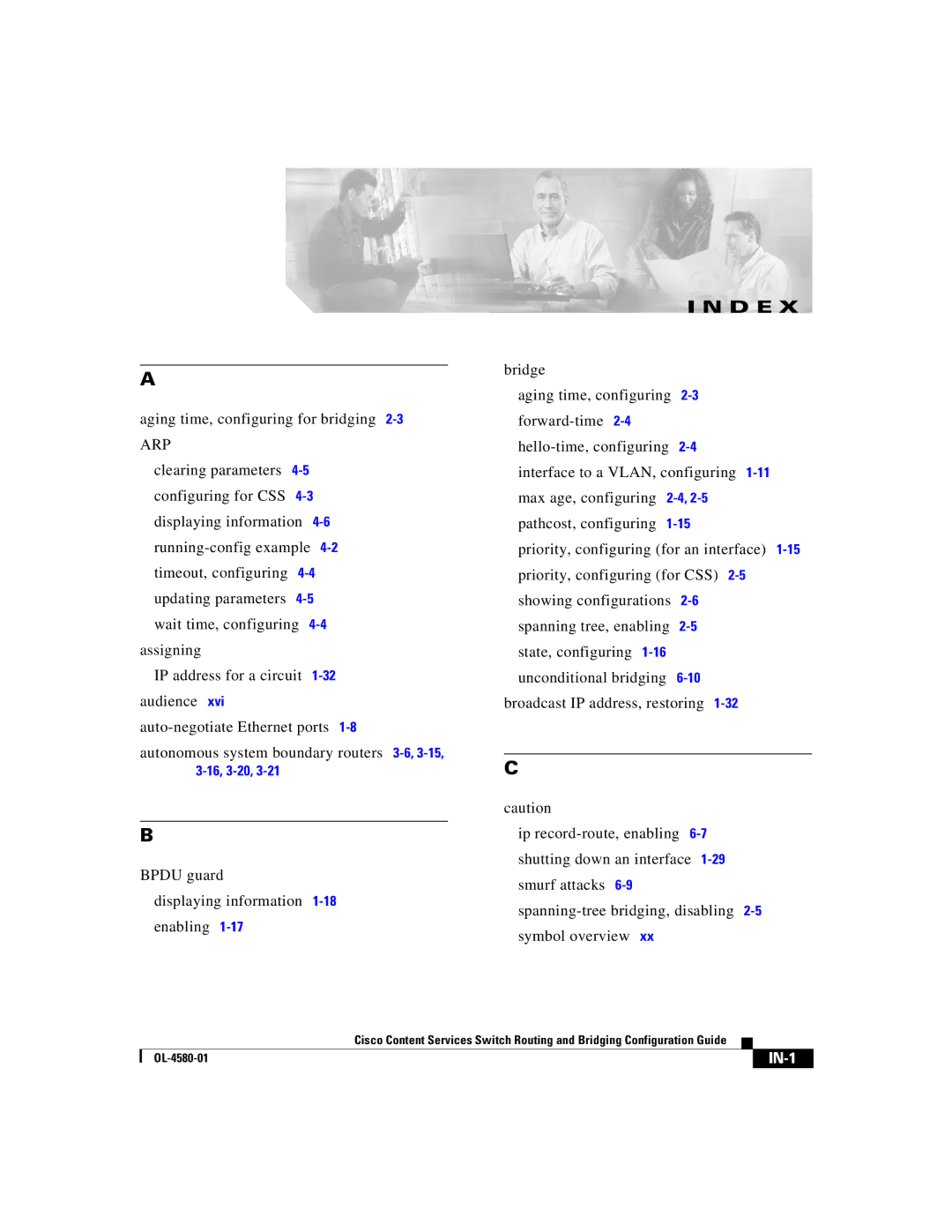 Cisco Systems OL-4580-01 manual Aging time, configuring for bridging, Bpdu guard Displaying information Enabling, IN-1 