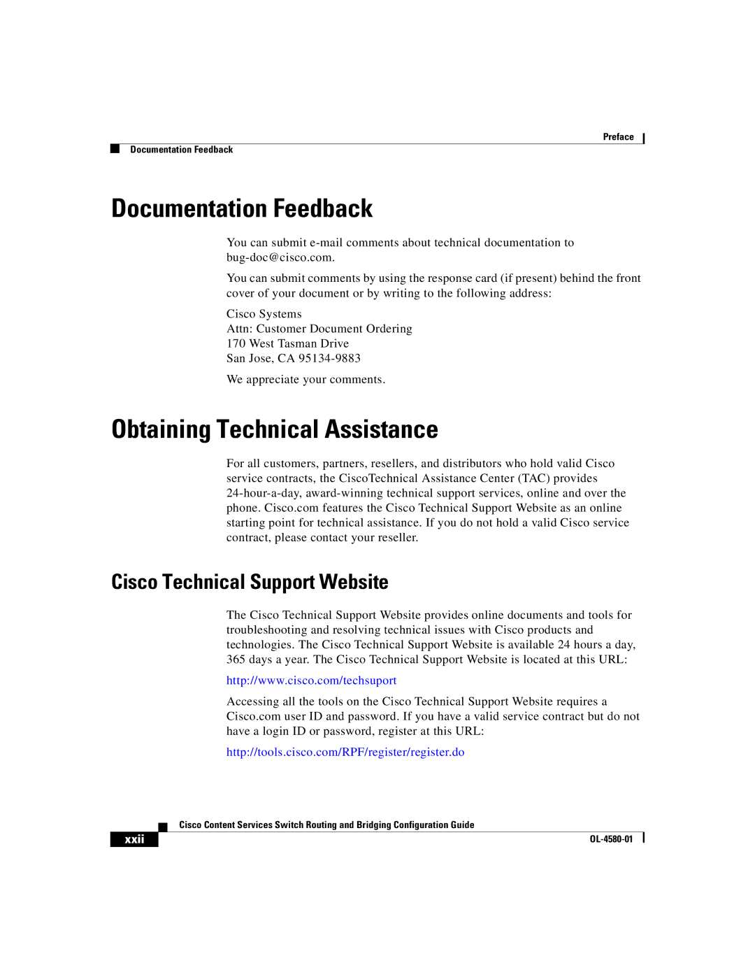 Cisco Systems OL-4580-01 Documentation Feedback, Obtaining Technical Assistance, Cisco Technical Support Website, Xxii 