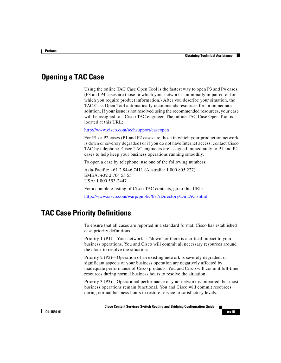 Cisco Systems OL-4580-01 manual Opening a TAC Case, TAC Case Priority Definitions, Xxiii 