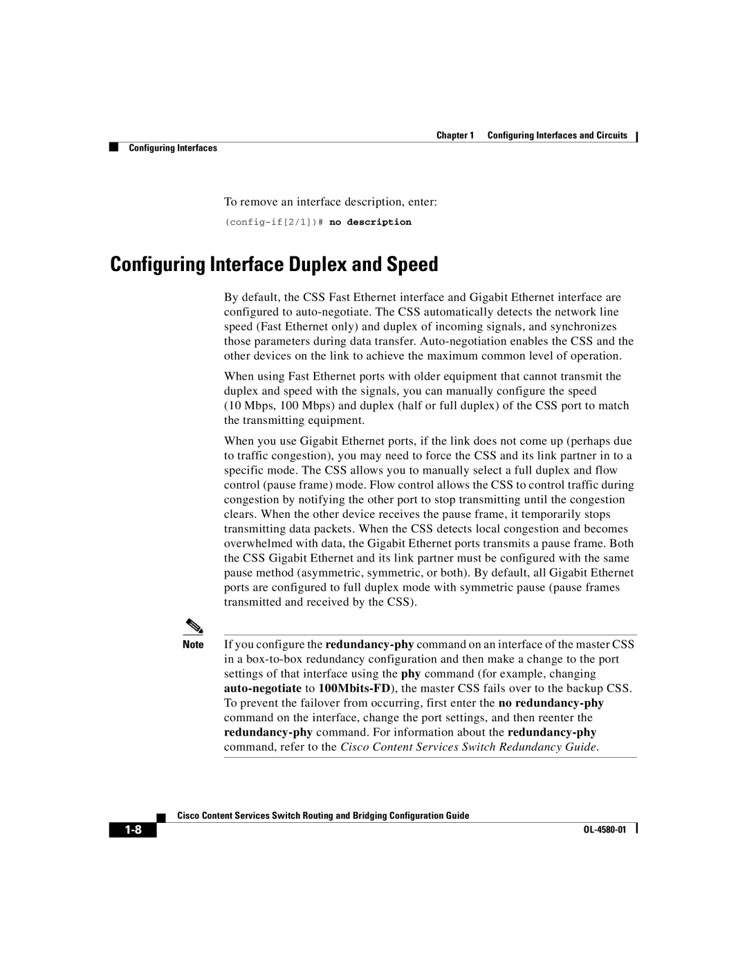 Cisco Systems OL-4580-01 manual Configuring Interface Duplex and Speed, To remove an interface description, enter 