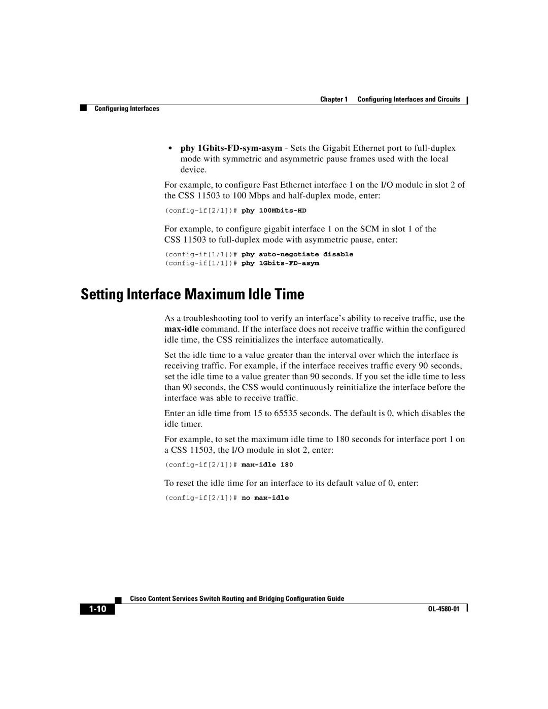 Cisco Systems OL-4580-01 manual Setting Interface Maximum Idle Time, Config-if1/1#phy auto-negotiate disable 