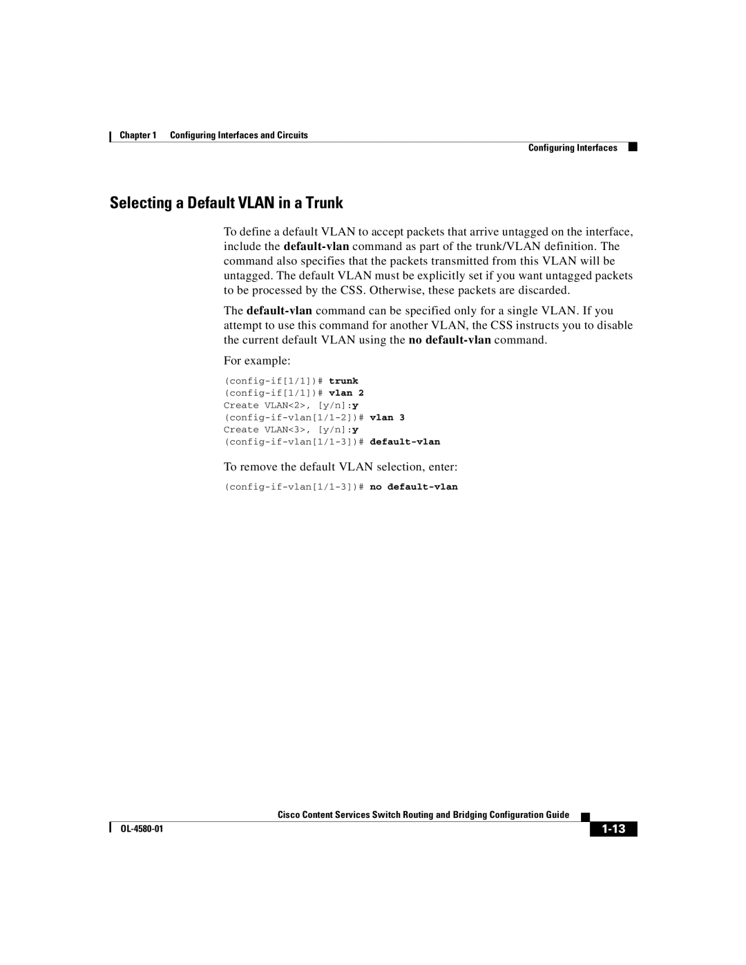 Cisco Systems OL-4580-01 manual Selecting a Default Vlan in a Trunk, To remove the default Vlan selection, enter 