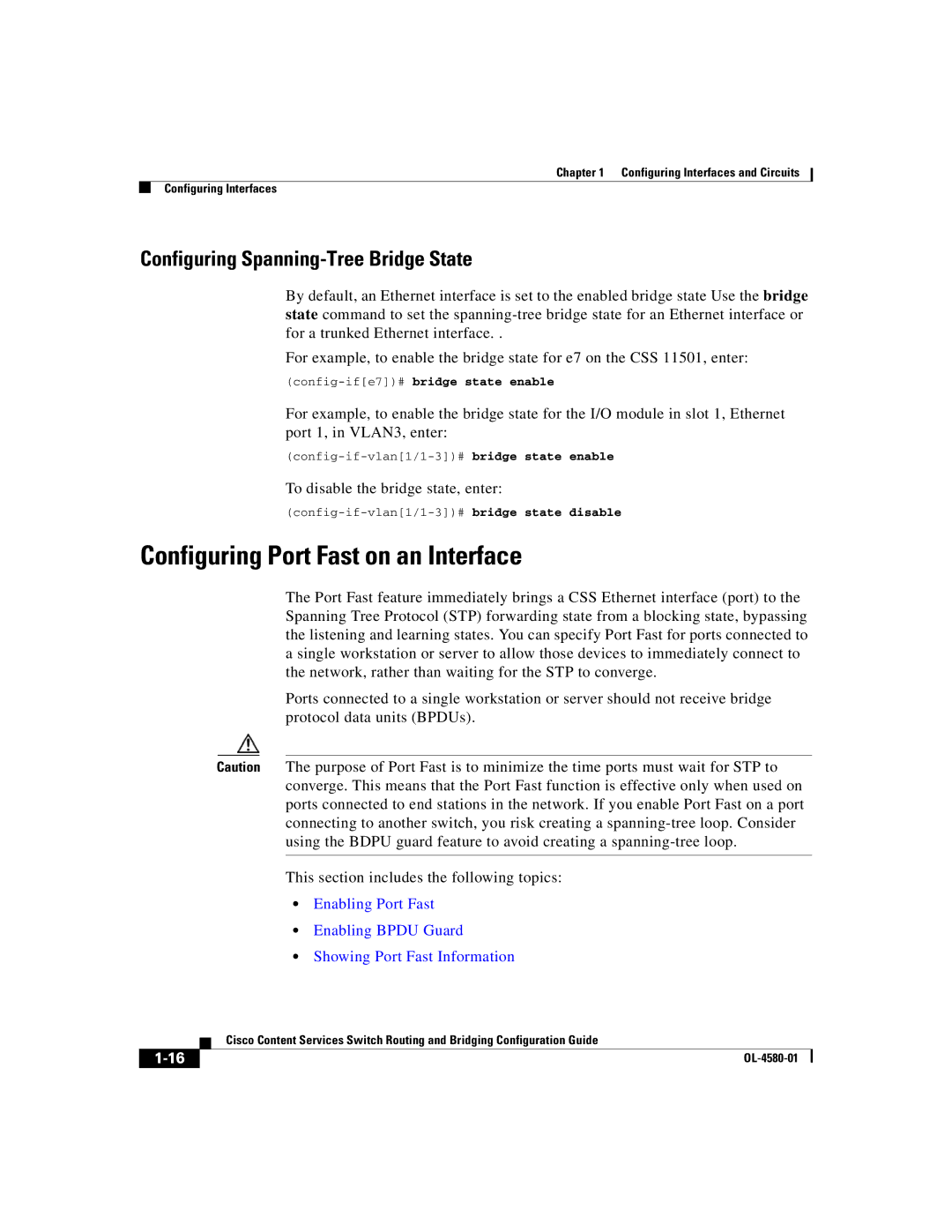 Cisco Systems OL-4580-01 manual Configuring Port Fast on an Interface, Configuring Spanning-Tree Bridge State 