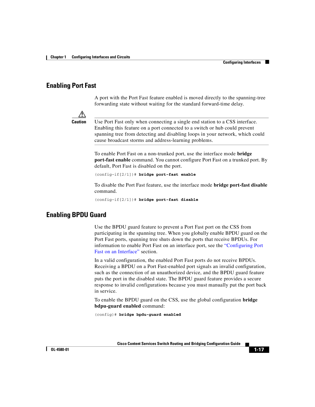 Cisco Systems OL-4580-01 manual Enabling Port Fast, Enabling Bpdu Guard, Config-if2/1#bridge port-fast enable 