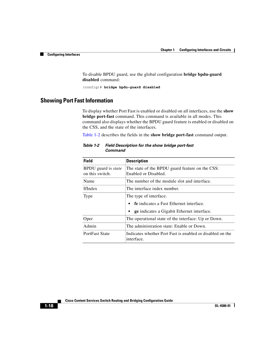 Cisco Systems OL-4580-01 manual Showing Port Fast Information, Config# bridge bpdu-guard disabled 