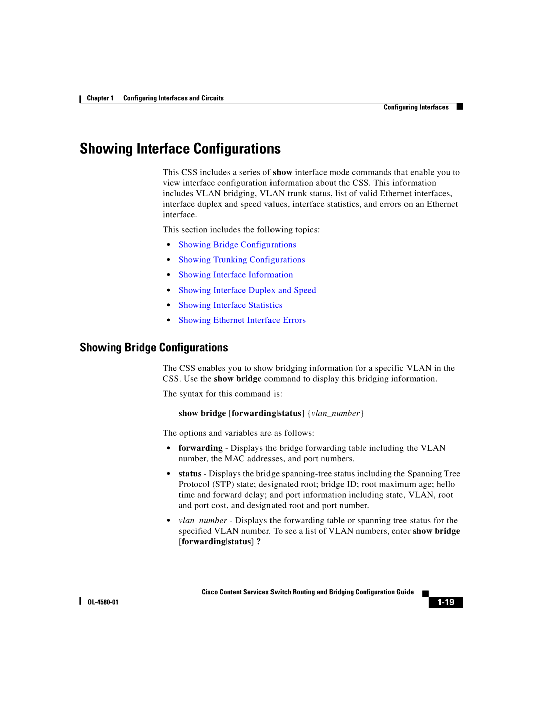 Cisco Systems OL-4580-01 manual Showing Interface Configurations, Showing Bridge Configurations 