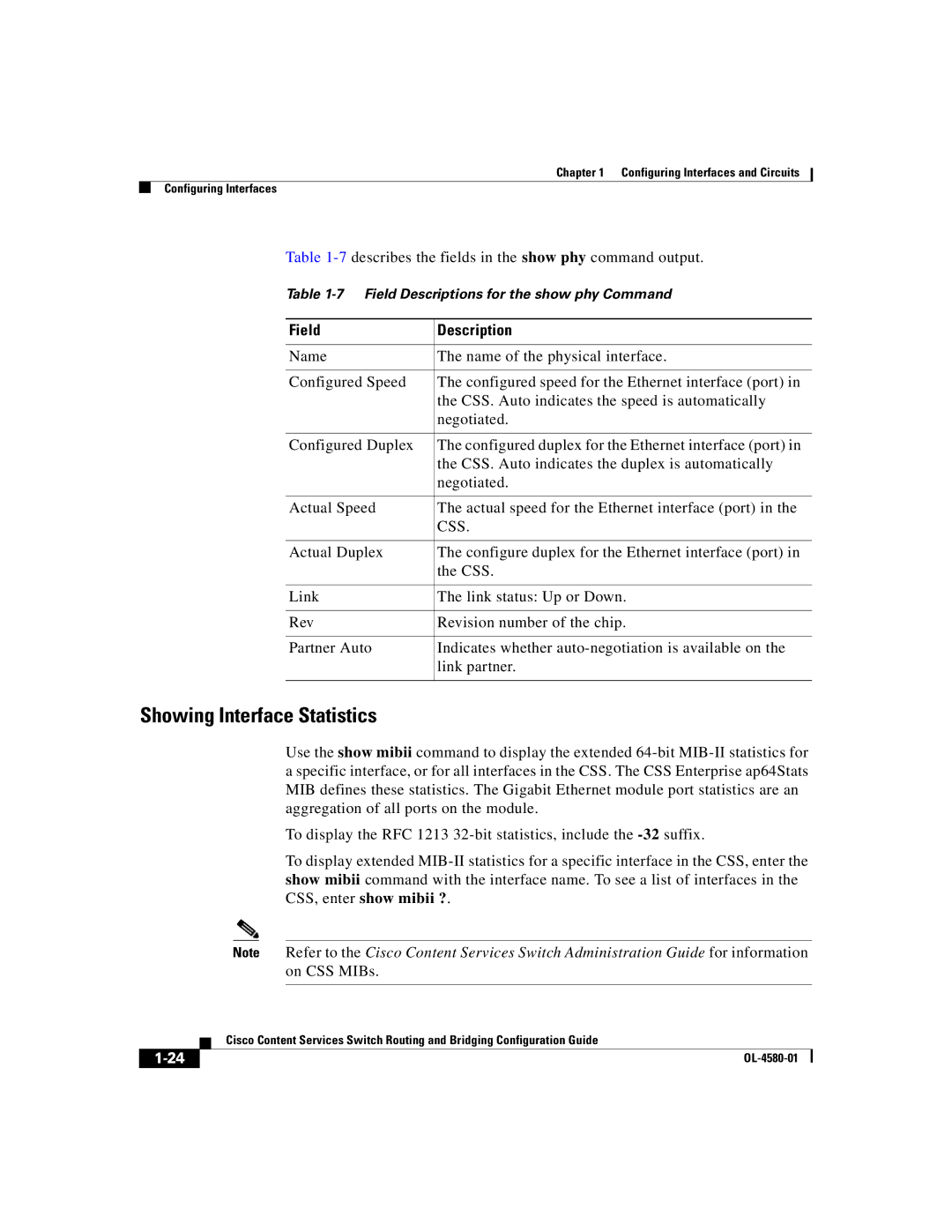 Cisco Systems OL-4580-01 manual Showing Interface Statistics, 7describes the fields in the show phy command output 