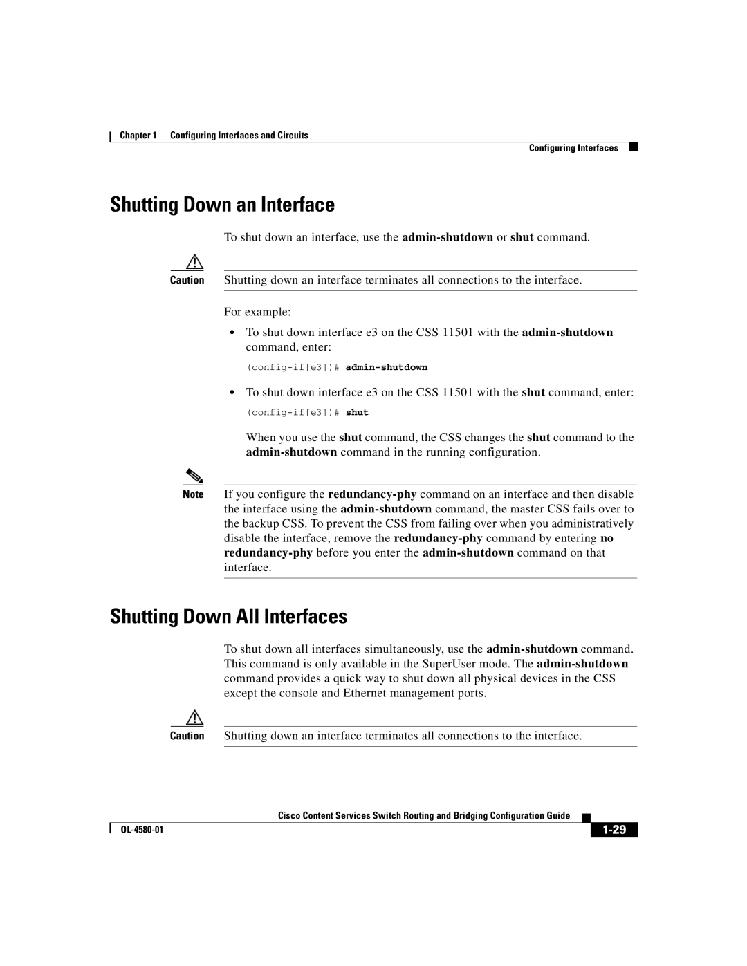 Cisco Systems OL-4580-01 manual Shutting Down an Interface, Shutting Down All Interfaces 