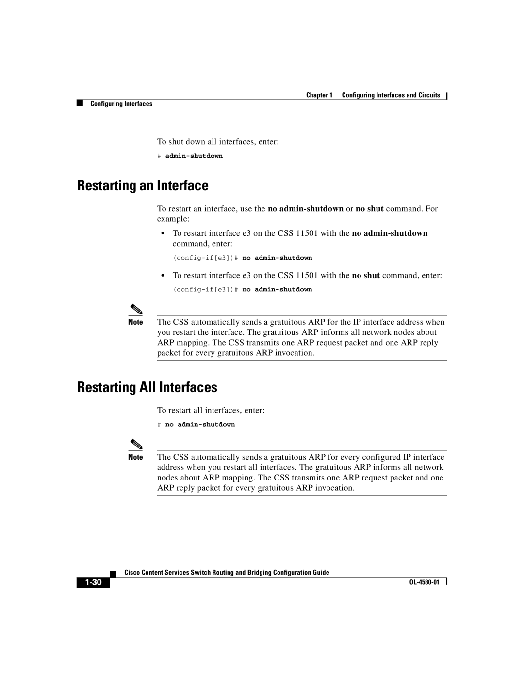 Cisco Systems OL-4580-01 manual Restarting an Interface, Restarting All Interfaces, To shut down all interfaces, enter 
