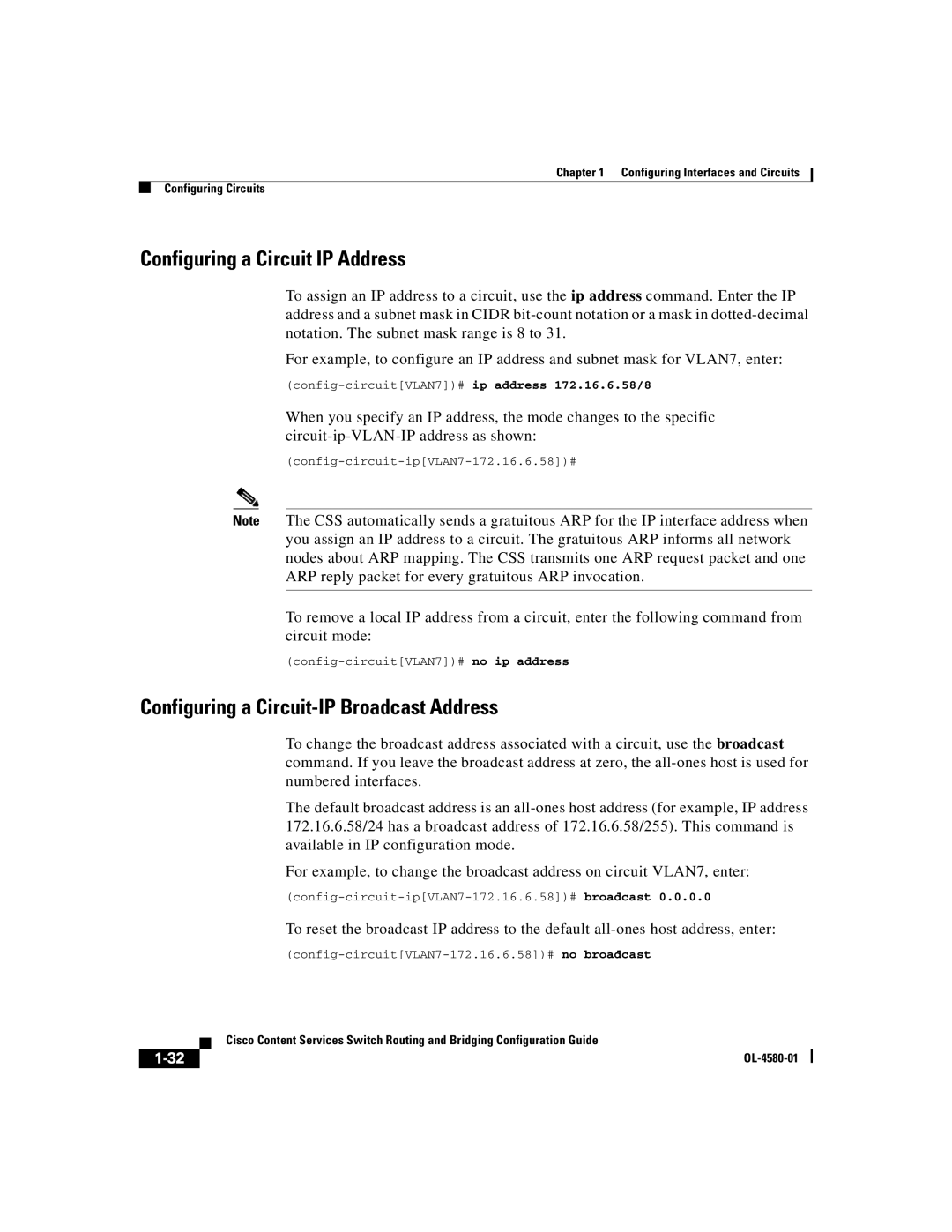 Cisco Systems OL-4580-01 manual Configuring a Circuit IP Address, Configuring a Circuit-IP Broadcast Address 