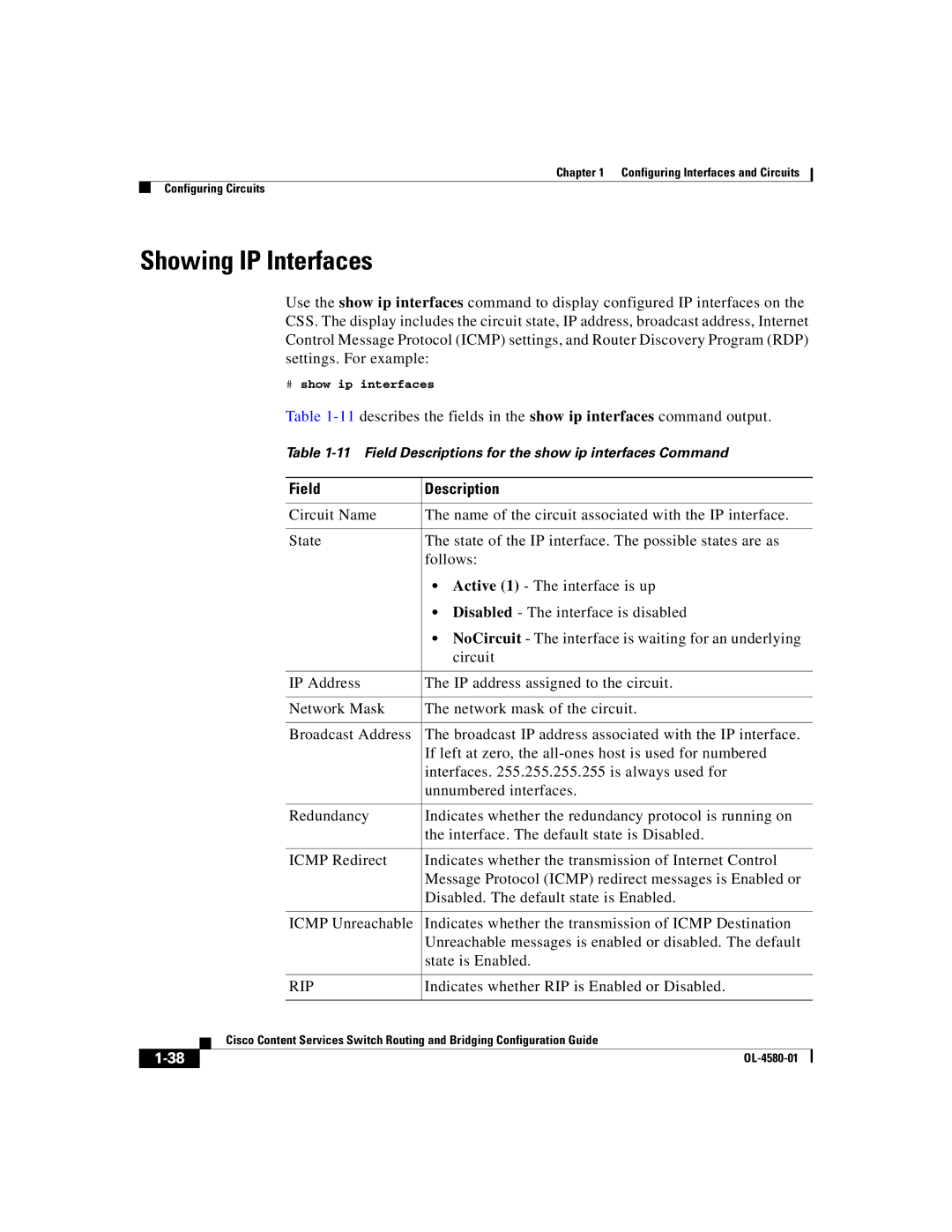 Cisco Systems OL-4580-01 manual Showing IP Interfaces, Indicates whether RIP is Enabled or Disabled, # show ip interfaces 