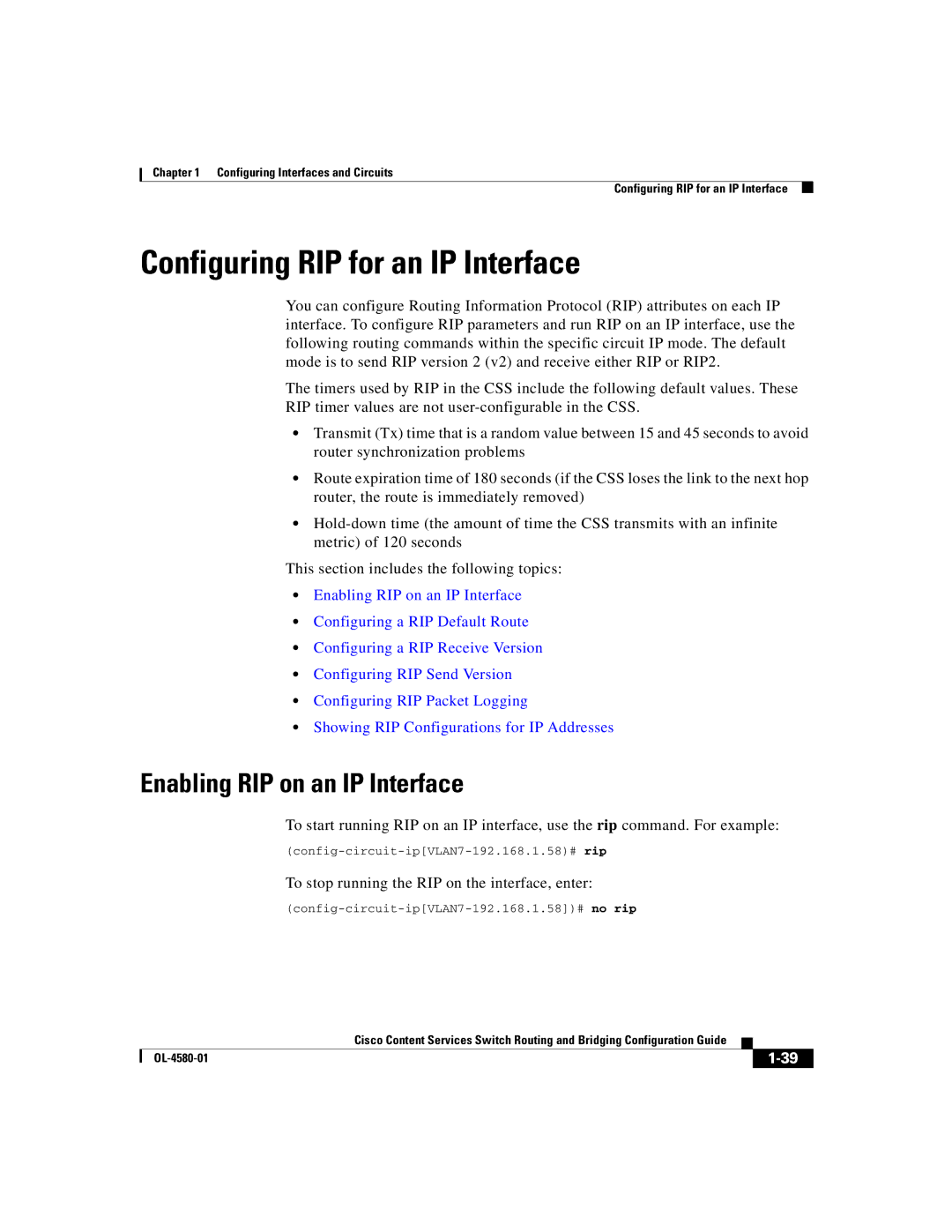 Cisco Systems OL-4580-01 manual Configuring RIP for an IP Interface, Enabling RIP on an IP Interface 