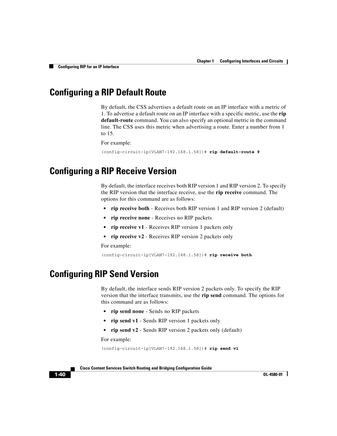 Cisco Systems OL-4580-01 Configuring a RIP Default Route, Configuring a RIP Receive Version, Configuring RIP Send Version 