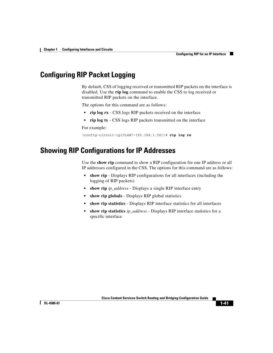 Cisco Systems OL-4580-01 manual Configuring RIP Packet Logging, Showing RIP Configurations for IP Addresses 