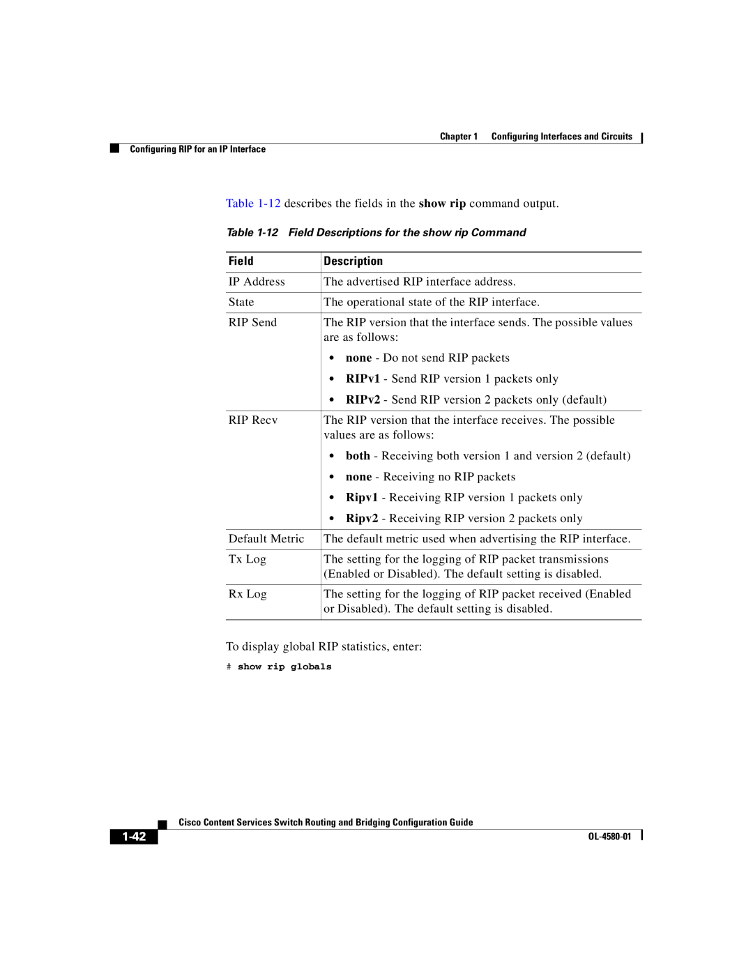 Cisco Systems OL-4580-01 manual 12describes the fields in the show rip command output, # show rip globals 