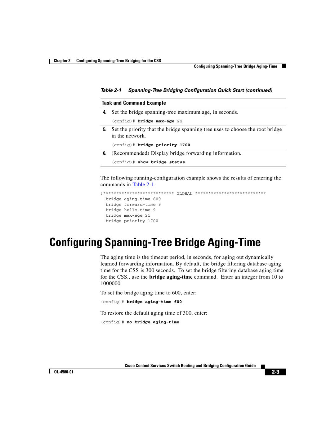 Cisco Systems OL-4580-01 Configuring Spanning-Tree Bridge Aging-Time, Set the bridge spanning-tree maximum age, in seconds 