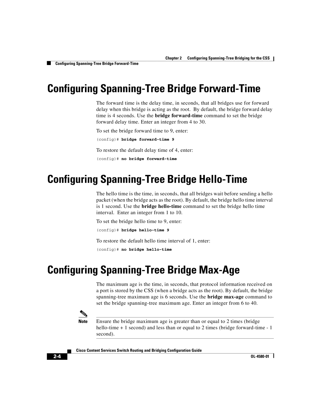 Cisco Systems OL-4580-01 manual Configuring Spanning-Tree Bridge Hello-Time, Configuring Spanning-Tree Bridge Max-Age 