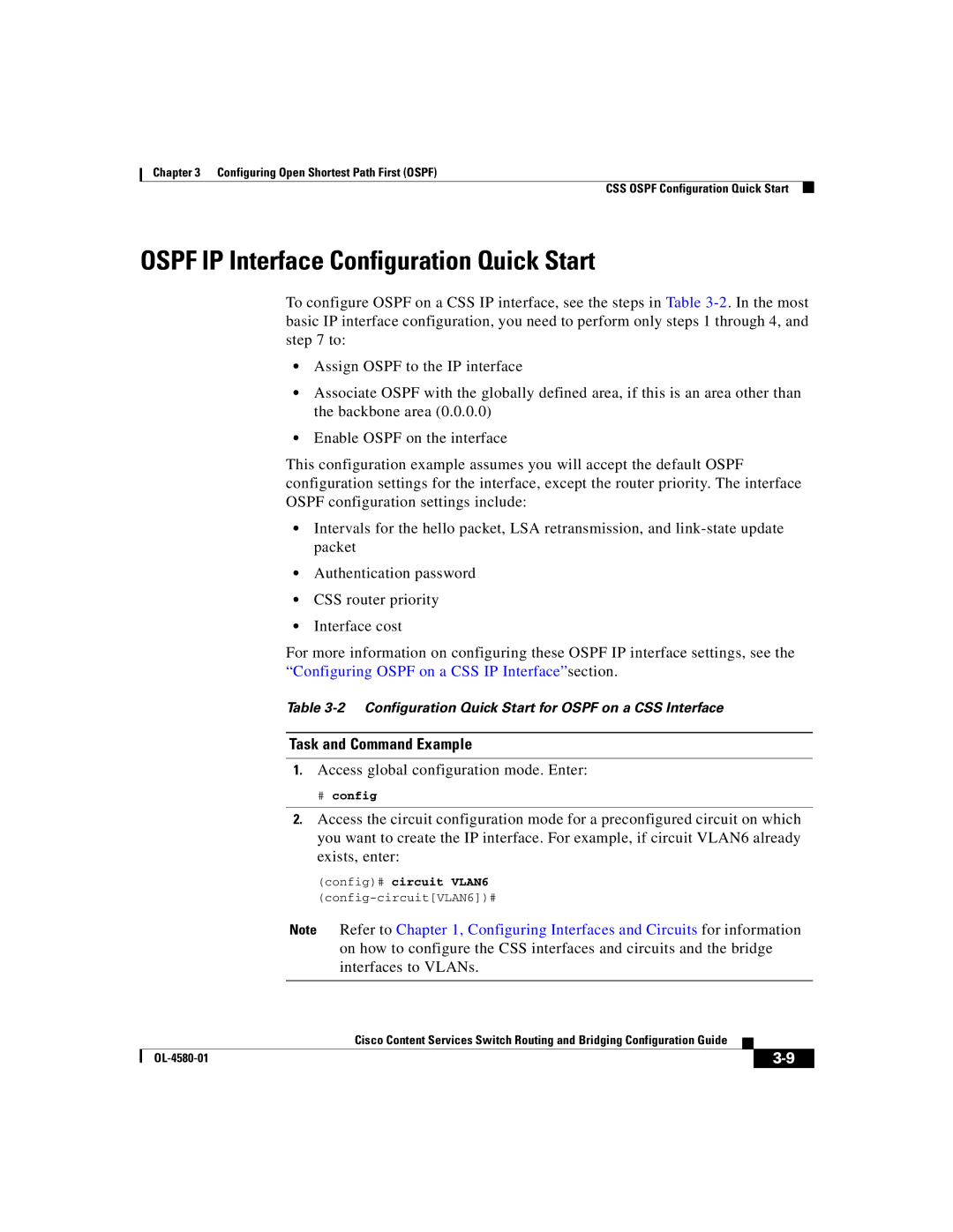 Cisco Systems OL-4580-01 manual Ospf IP Interface Configuration Quick Start, Access global configuration mode. Enter 
