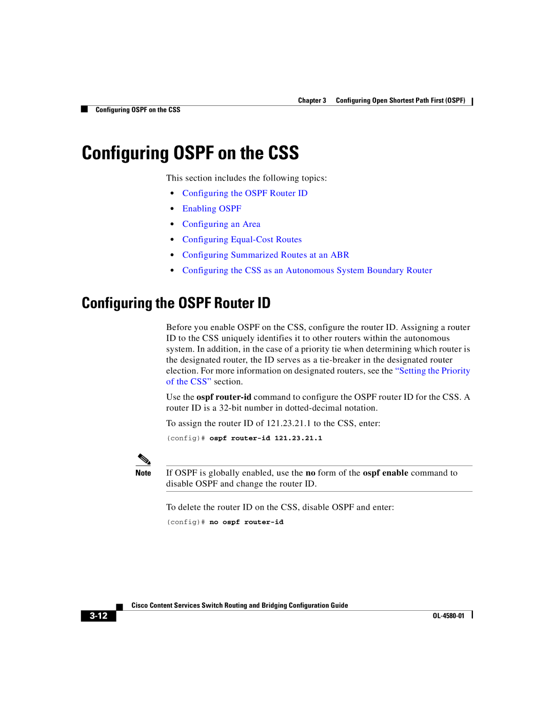 Cisco Systems OL-4580-01 manual Configuring Ospf on the CSS, Configuring the Ospf Router ID, Config# ospf router-id 