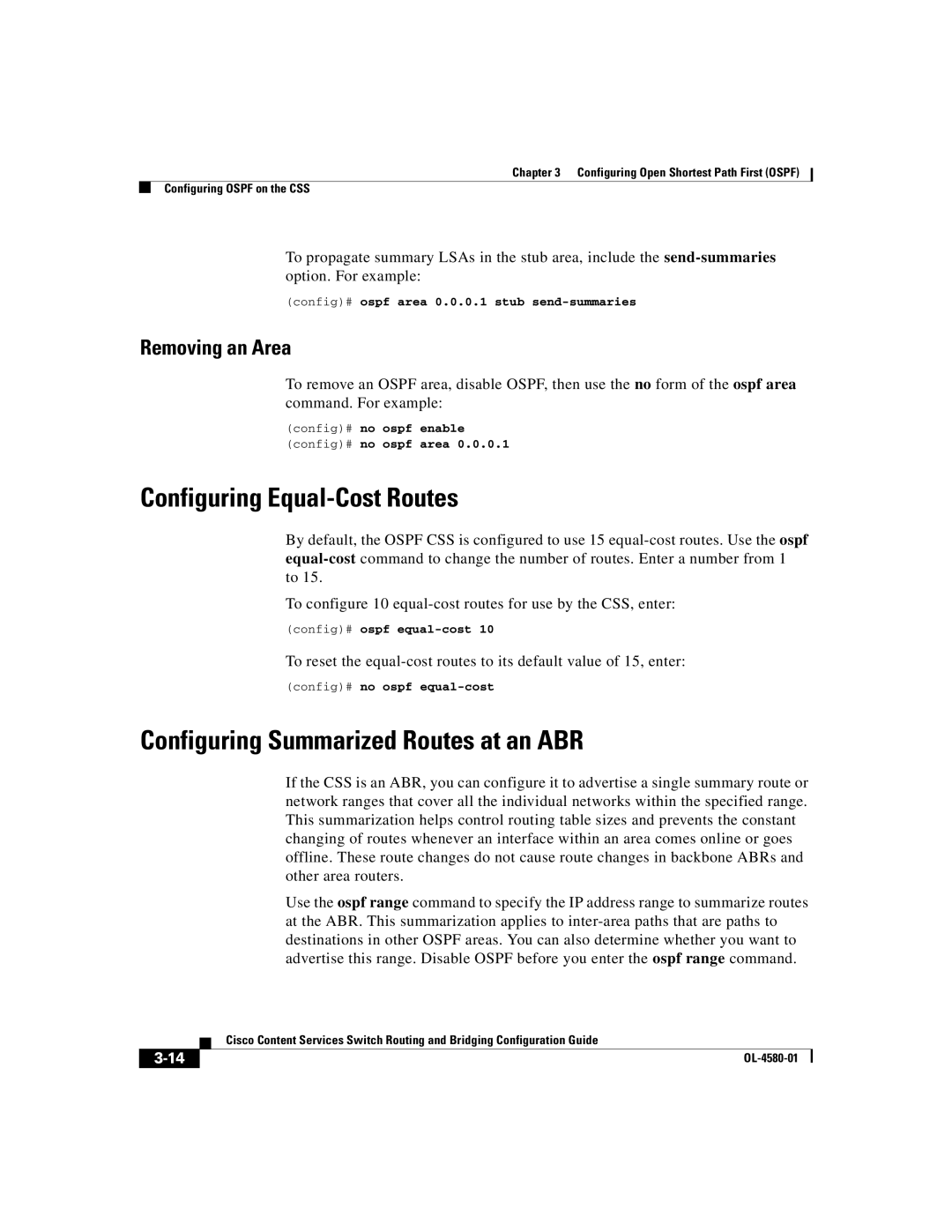 Cisco Systems OL-4580-01 manual Configuring Equal-Cost Routes, Configuring Summarized Routes at an ABR, Removing an Area 