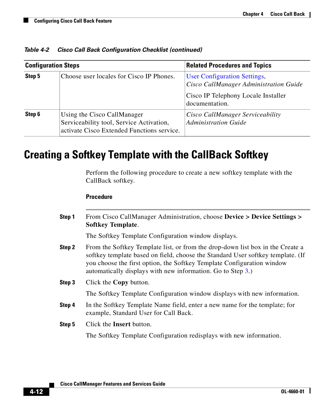 Cisco Systems OL-4660-01 manual Creating a Softkey Template with the CallBack Softkey 