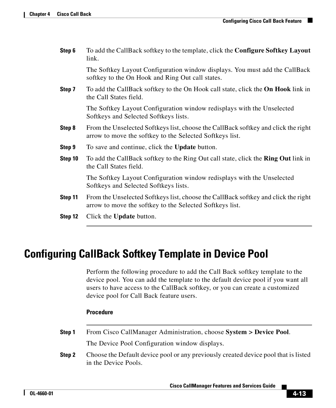 Cisco Systems OL-4660-01 manual Configuring CallBack Softkey Template in Device Pool 