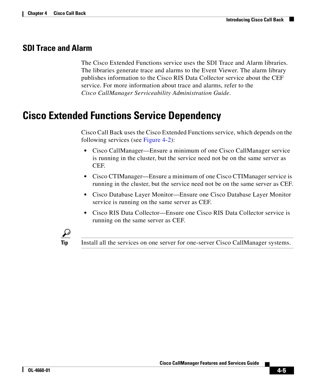 Cisco Systems OL-4660-01 manual Cisco Extended Functions Service Dependency, SDI Trace and Alarm 