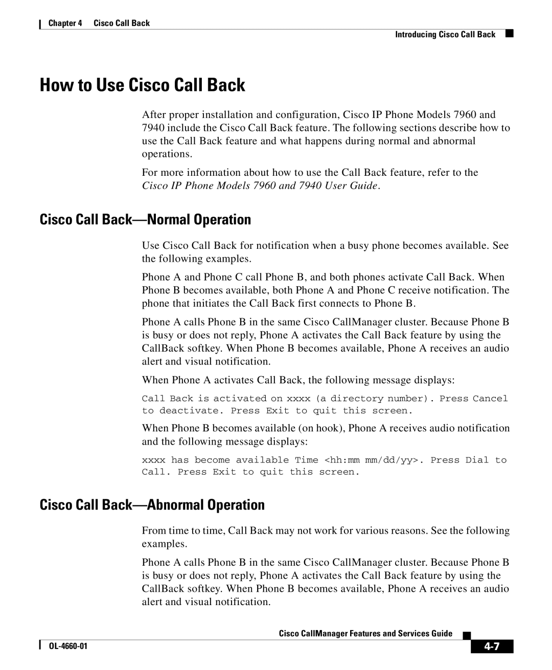 Cisco Systems OL-4660-01 How to Use Cisco Call Back, Cisco Call Back-Normal Operation, Cisco Call Back-Abnormal Operation 