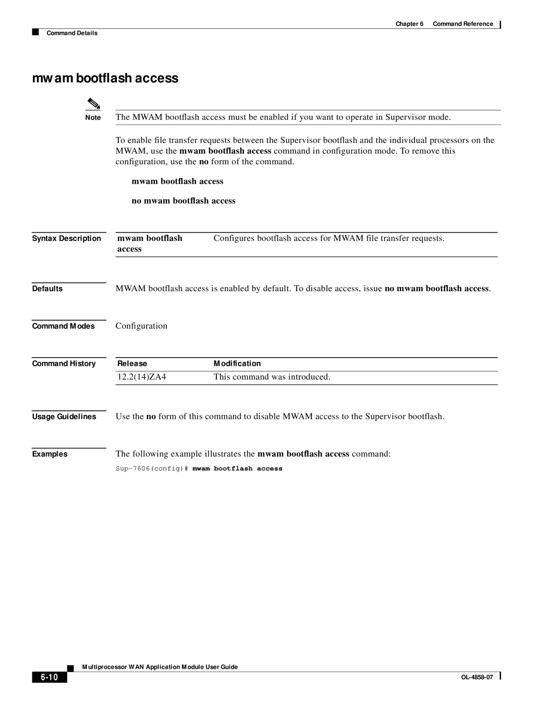 Cisco Systems OL-4858-07 manual Mwam bootflash access, Defaults Command Modes Command History, Configuration 