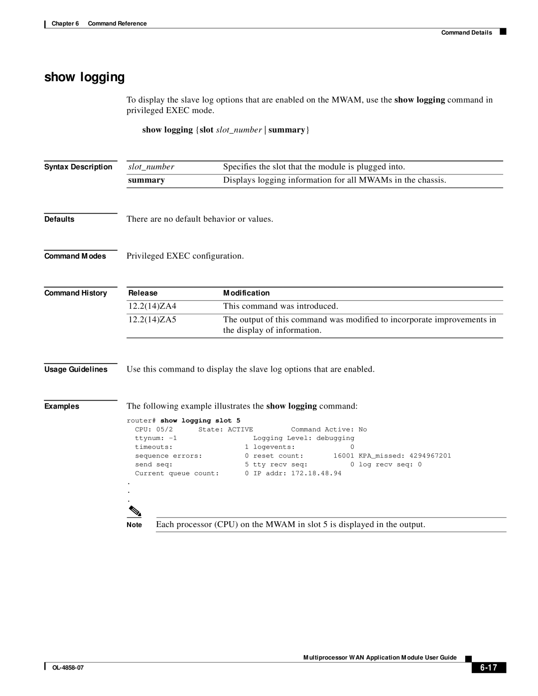 Cisco Systems OL-4858-07 manual Show logging, Release Modification 