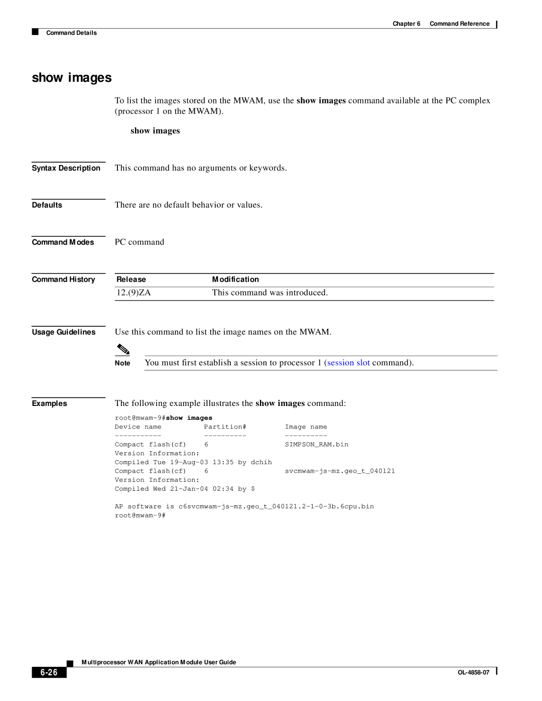 Cisco Systems OL-4858-07 manual Show images, Use this command to list the image names on the Mwam 