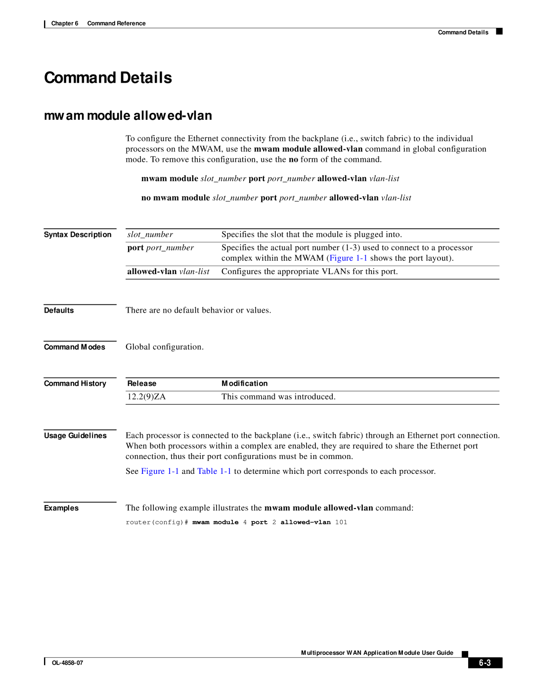 Cisco Systems OL-4858-07 manual Mwam module allowed-vlan, Command Modes Command History, Global configuration, Examples 