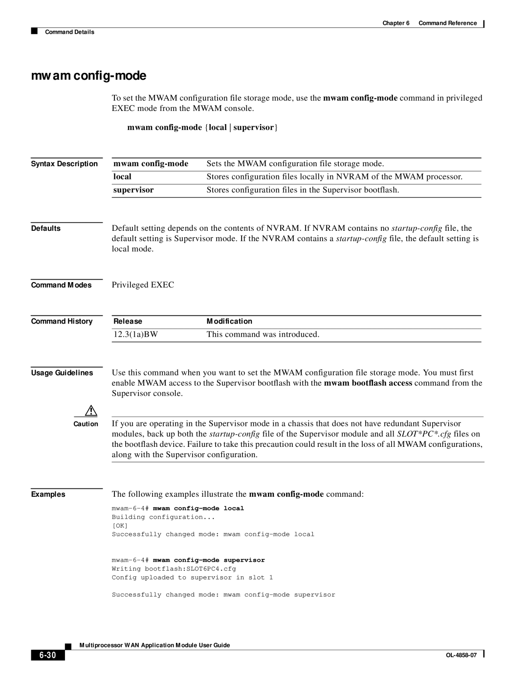 Cisco Systems OL-4858-07 manual Mwam config-mode, Syntax Description, Local mode, 12.31aBW This command was introduced 